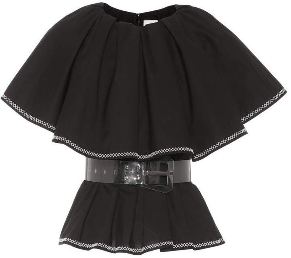 Huishan Zhang Black Cotton Tiered Cape Top Zigzag Embroidery Bow SS18 US 4 UK 8